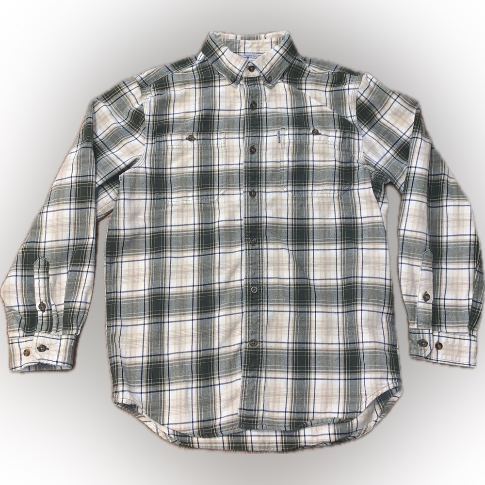 Carhartt Flannel Relaxed Green Tan White Plaid Casual Button Down Collar Shirt M